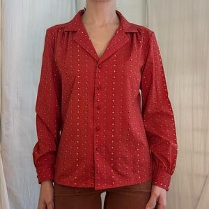 Red, Blue and Cream Polka Dot Geometric Pattern Blouse Vintage 1970s Mod